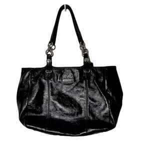 Coach Carryall Madison Handbag Navy Patent Leather Silver Logo